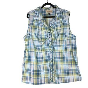 Bit & Bridle Blue Green Plaid Sleeveless Button Up Top Plus Size 2X
